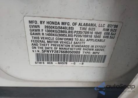 2006 Honda Pilot Ex-L из США, поврежденный, VIN 5FNYF28766B050989